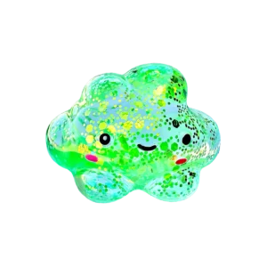 An image of the green cloud squishy Kiedle stress ball with sharks over a transparent background