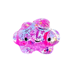 An image of the pink cloud squishy Kiedle stress ball with sharks over a transparent background