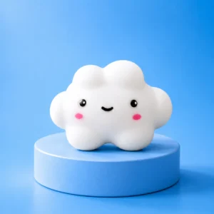 The Kiedle white cloud squishy on a small blue pillar over a blue background