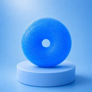 An image of the blue donut squishy Kiedle stress ball over a blue background