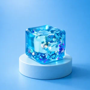 An image of the blue ice cube Kiedle stress ball over a blue background