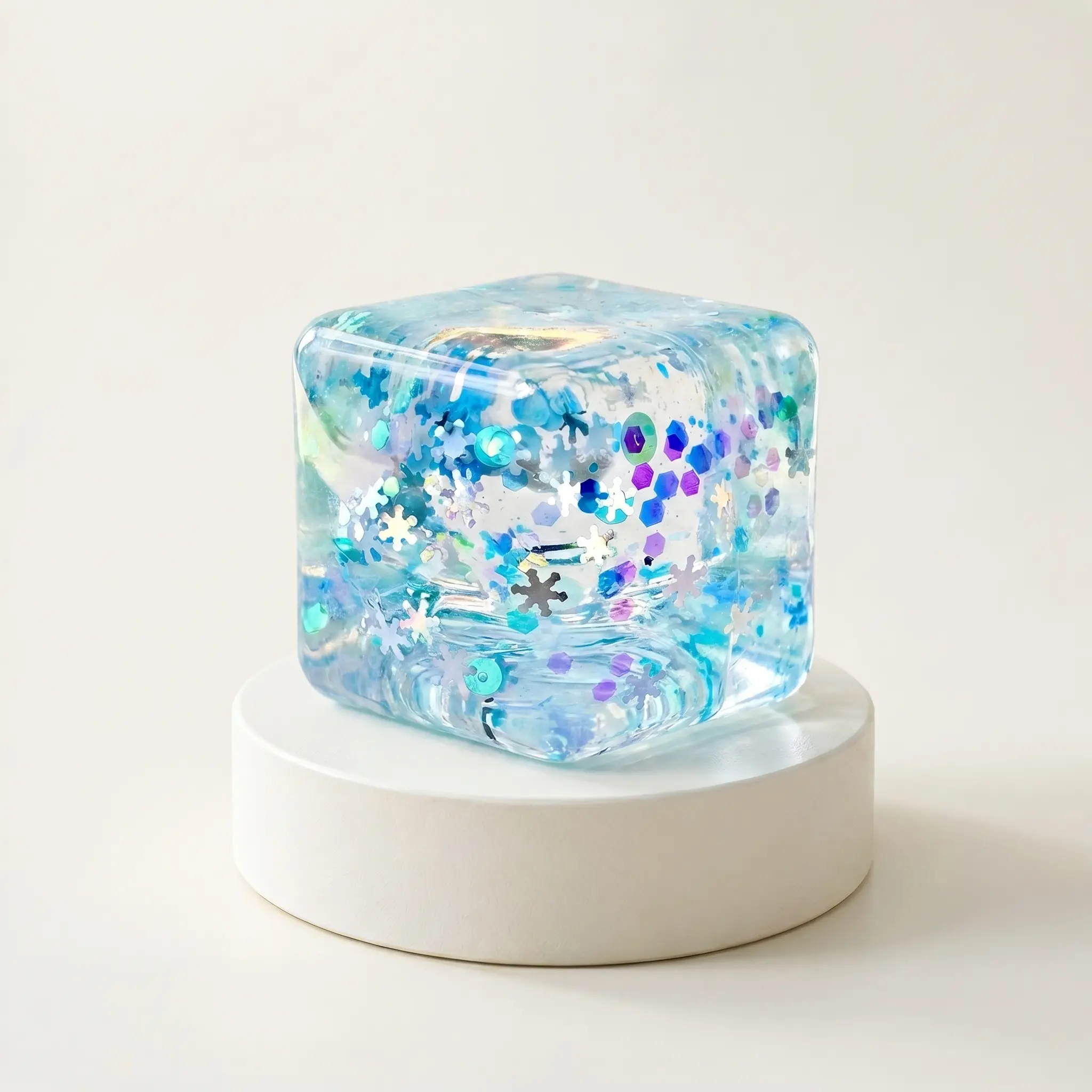 A quiet sensory toy in the shape of a cube with particles inside