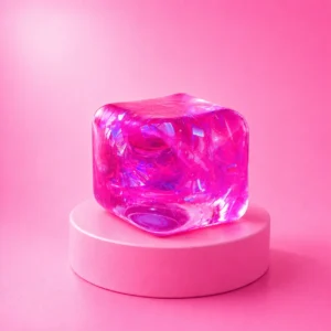 An image of the pink ice cube Kiedle stress ball over a pink background