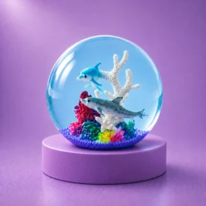 An image of the ocean squishy Kiedle stress ball with dolphins over a purple background