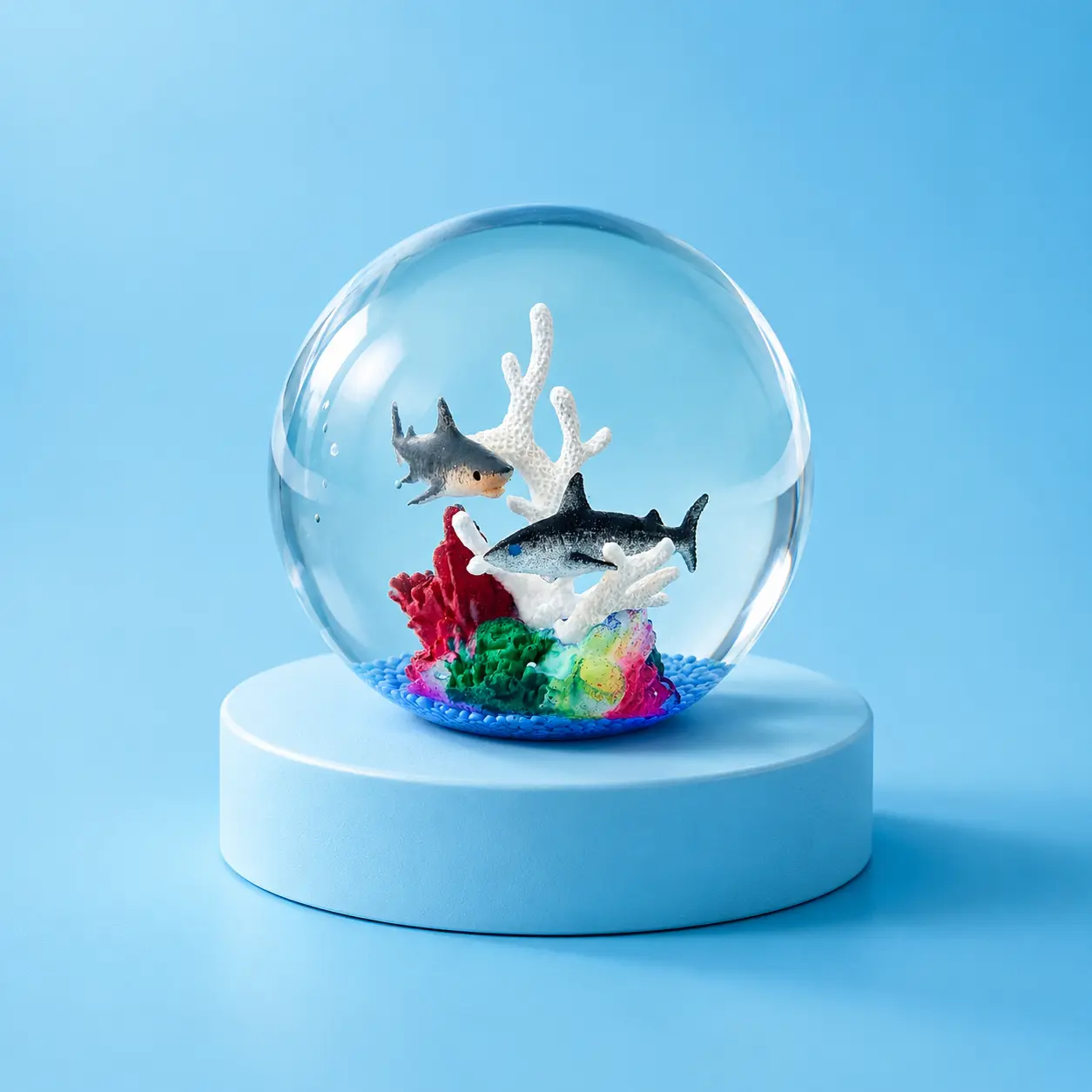 A quiet sensory toy in a circular shape made to imitate an aquarium design with a shark and a fish inside