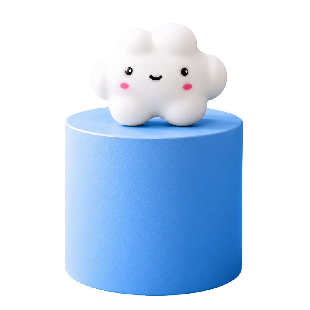 The kiedle white cloud squishy on a blue pillar