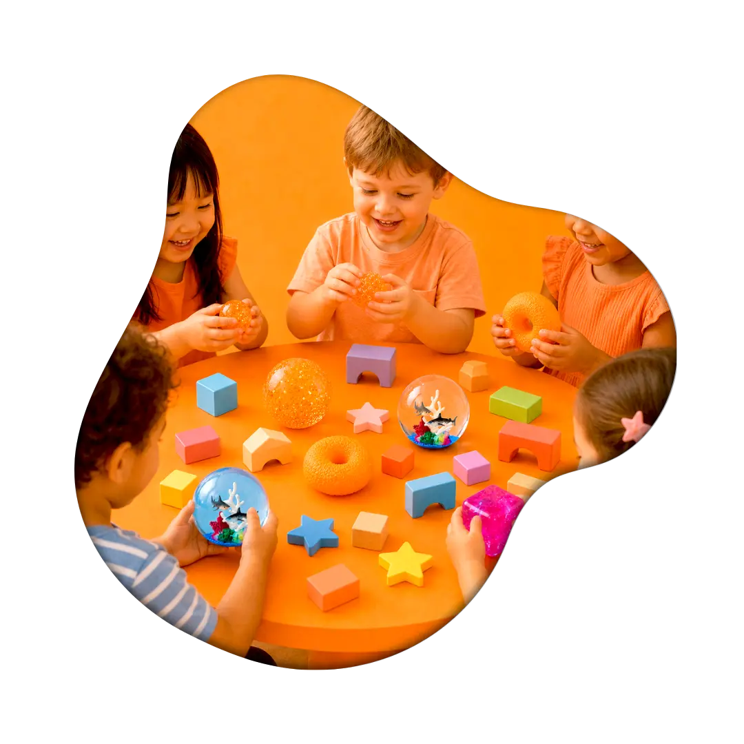 An image of a group of children playing with the Kiedle stress balls, dressed over an orange background