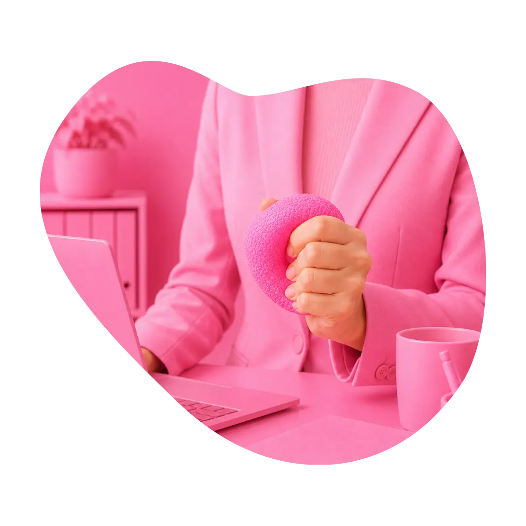 An image of a person squishy a pink stress ball, dressed in pink, in a pink background