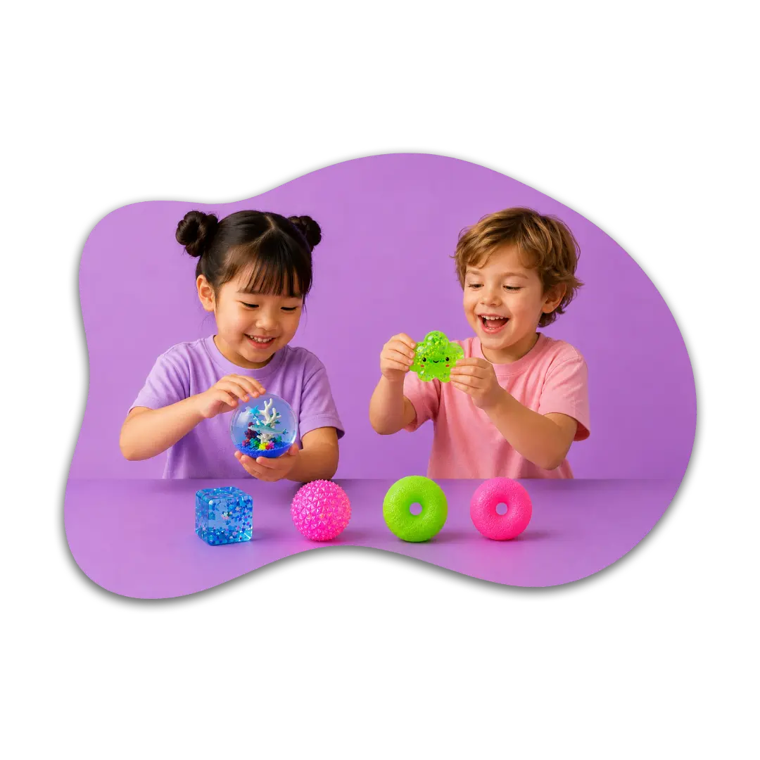An image of two children playing with the Kiedle stress balls, dressed over a purple background